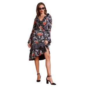Finders Keepers Black Floral Astral Polka Dot Ruffle Dress